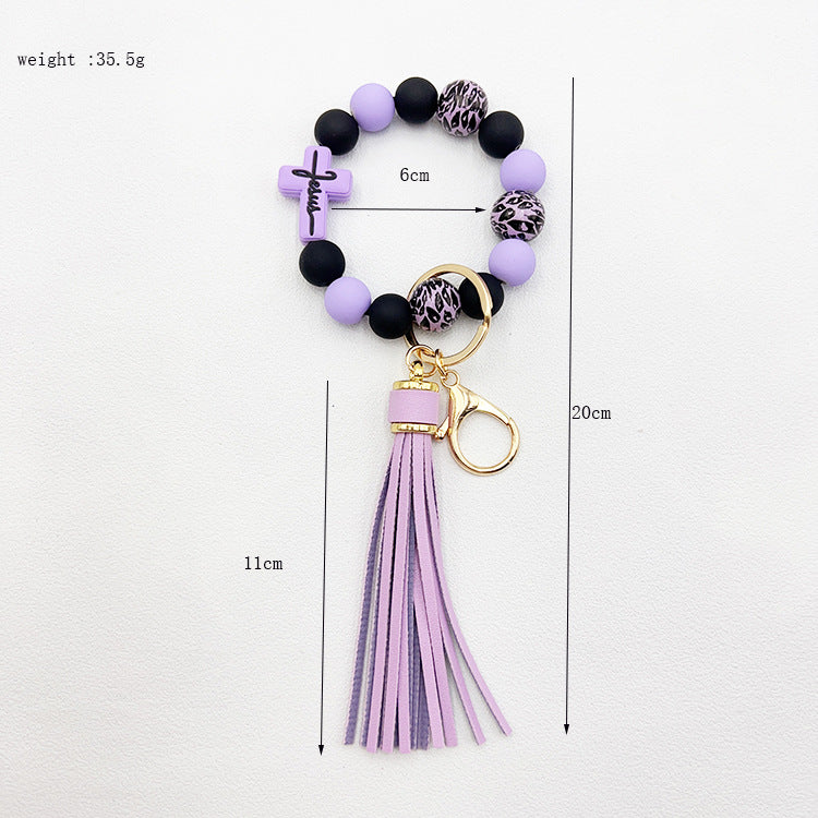 Wholesale Leopard Cross Silicone Beaded Tassel Wrist Keychain